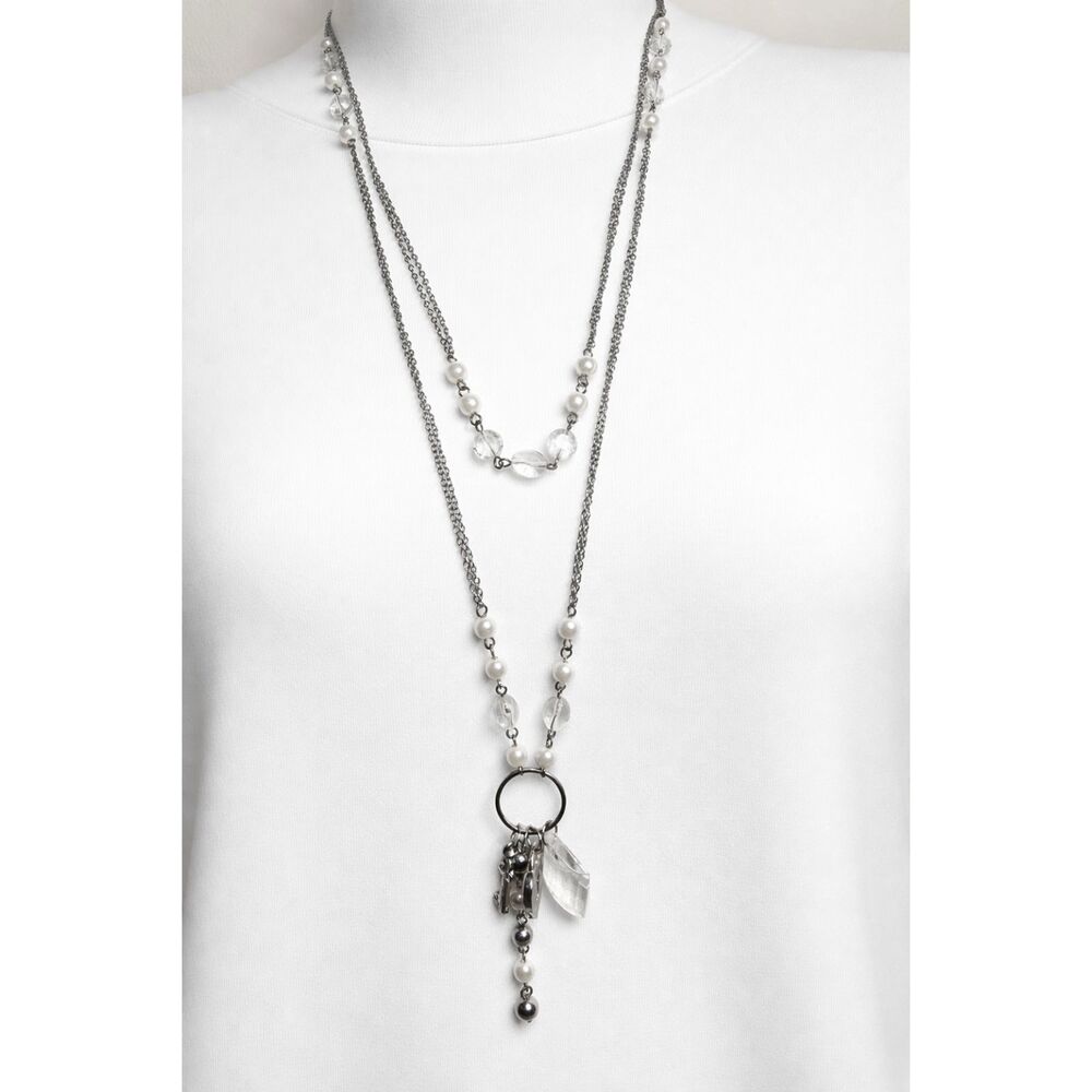 Silver Tone Pearl & Crystal Charm Necklace 30” Long Drop Heart Key FairyCore